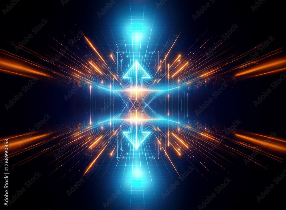 Aufkleber abstract image featuring vibrant blue and orange glowing lines and arrows converging towards the cen