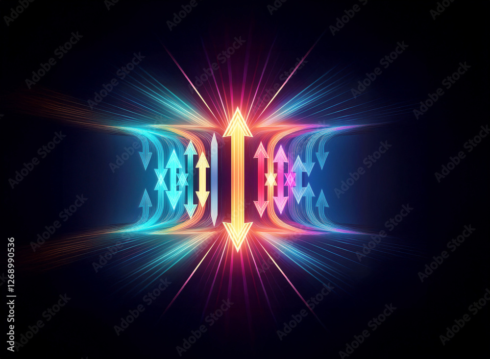 Aufkleber abstract luminous design features arrows pointing inwards and outwards, radiating light on a dark ba
