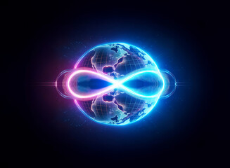 Fototapeta premium A luminous globe is intersected by a glowing infinity symbol in neon pink and blue hues, set against a stark black background, representing boundless connectivity.
