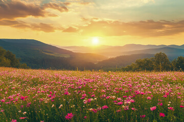 Vibrant flower fields of pink and red daisies with a breathtaking sunset over the mountains and forest.