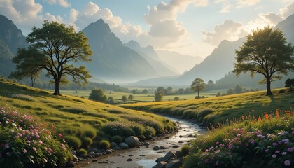 A serene stream surrounded by lush grass and trees, set against a picturesque natural landscap