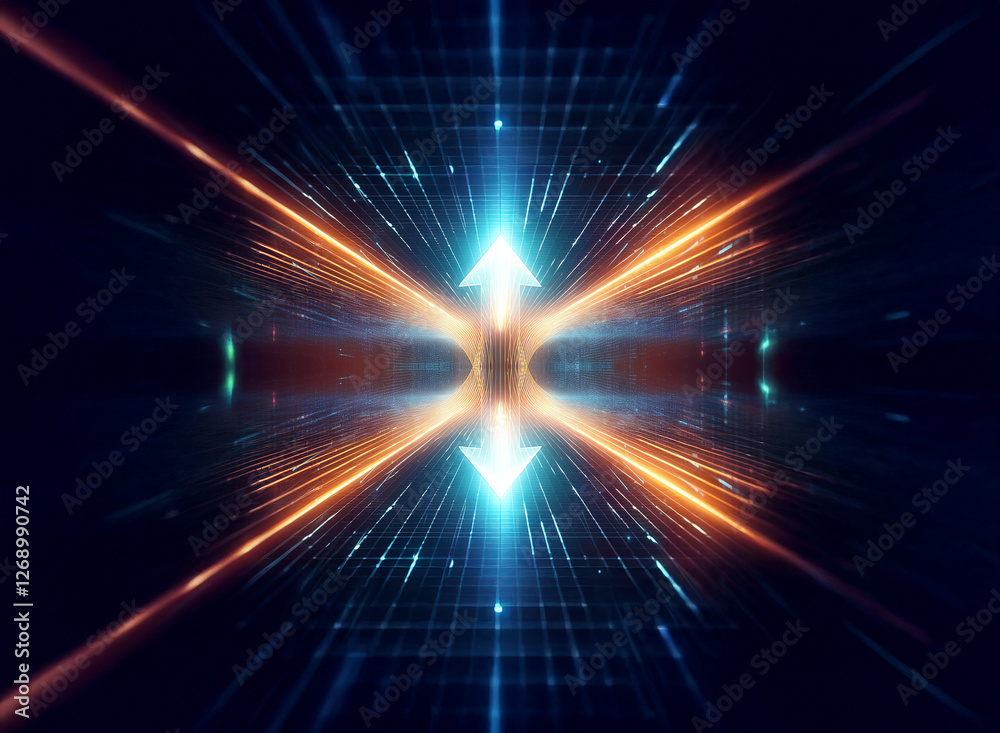 Poster futuristic abstract design featuring converging orange and blue light beams, creating a dynamic, sym