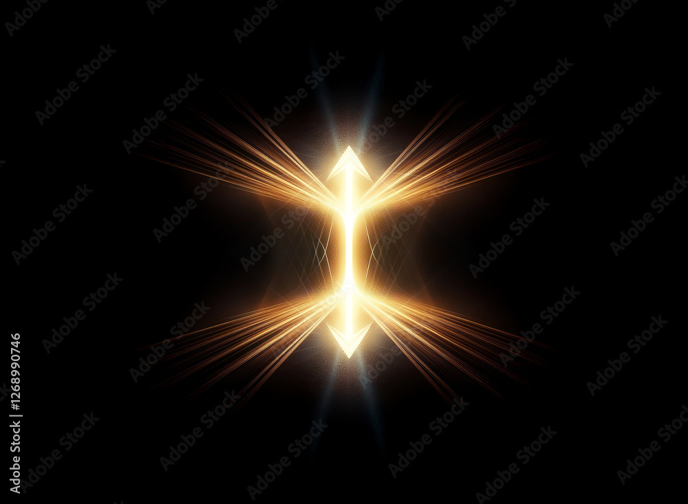 Poster symmetrical light design on black backdrop. golden and blue rays emanate from the center in arrow sh
