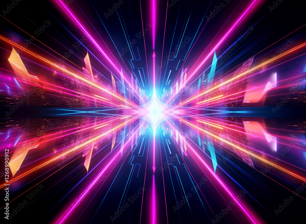 Leinwandbilder a vibrant perspective view of bright neon lines in pink, orange, and blue, creating a tunnel effect 