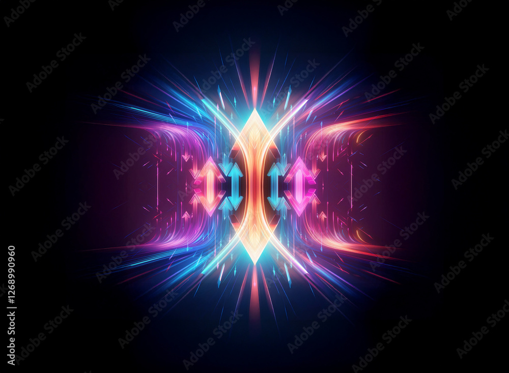 Leinwandbilder Vibrant luminous abstract design featuring symmetrical colorful rays emanating from a central point against a dark background, creating a dynamic visual effect.