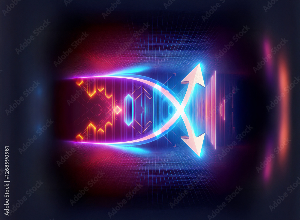 Poster Abstract futuristic design features glowing neon blue and pink geometric shapes.  Arrows point outwards from a central mirrored element with radial light rays emanating outwards.