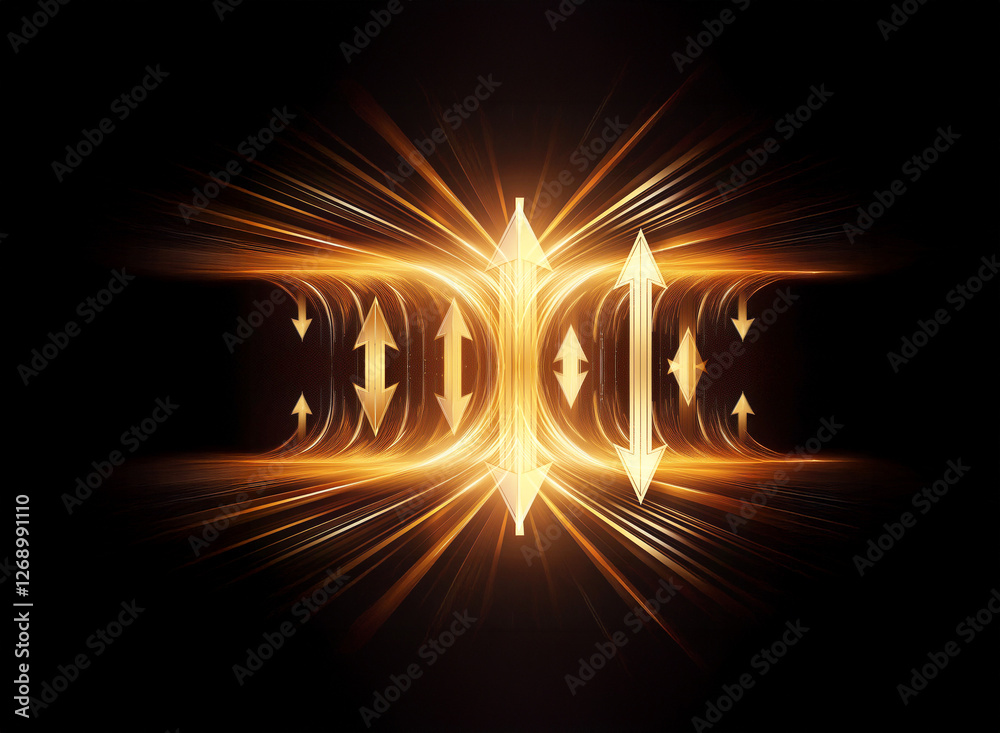 Poster Golden rays burst with energy, illuminating central arrows pointing inwards and outwards.  A dynamic abstract design on a dark canvas.