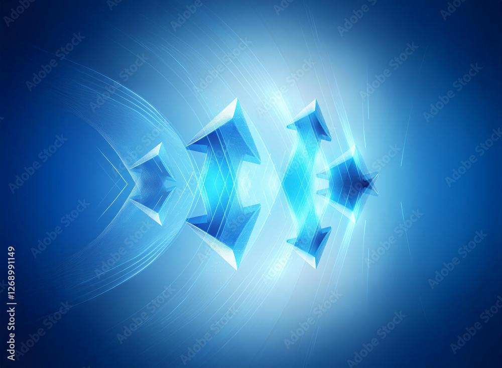 Poster abstract blue geometric shapes float in a bright digital space, radiating light. the design has a mo