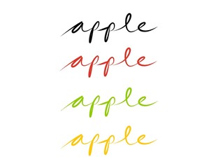Apple flavour monoline hand drawn text. One line continuous concept Apple fruit juice banner. Line art colored apple short phrases illustration.