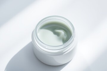 Clear skincare jar with dusty green lotion on white, minimalistic background. ideal for skincare and cosmetic mockup. 
