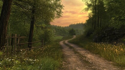 Obraz premium Serene forest path winding through trees at sunset