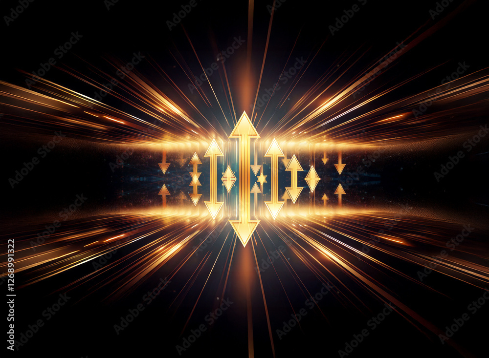 Poster Golden geometric figure with arrows pointing up and down radiates bright light streaks against a dark backdrop, creating an energetic and dynamic visual effect.