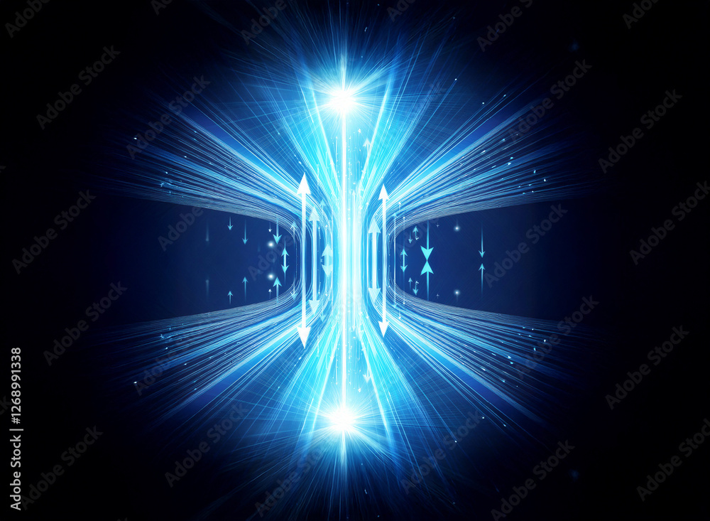 Poster bright blue light streaks converge intensely, creating a tunnel illusion against a dark backdrop, co