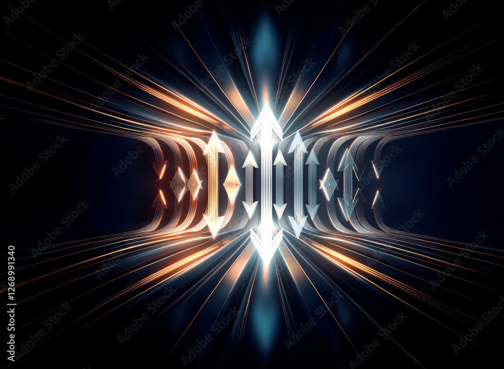 Poster abstract tunnel with bright arrows converging and diverging. perspective view, light and shadow crea