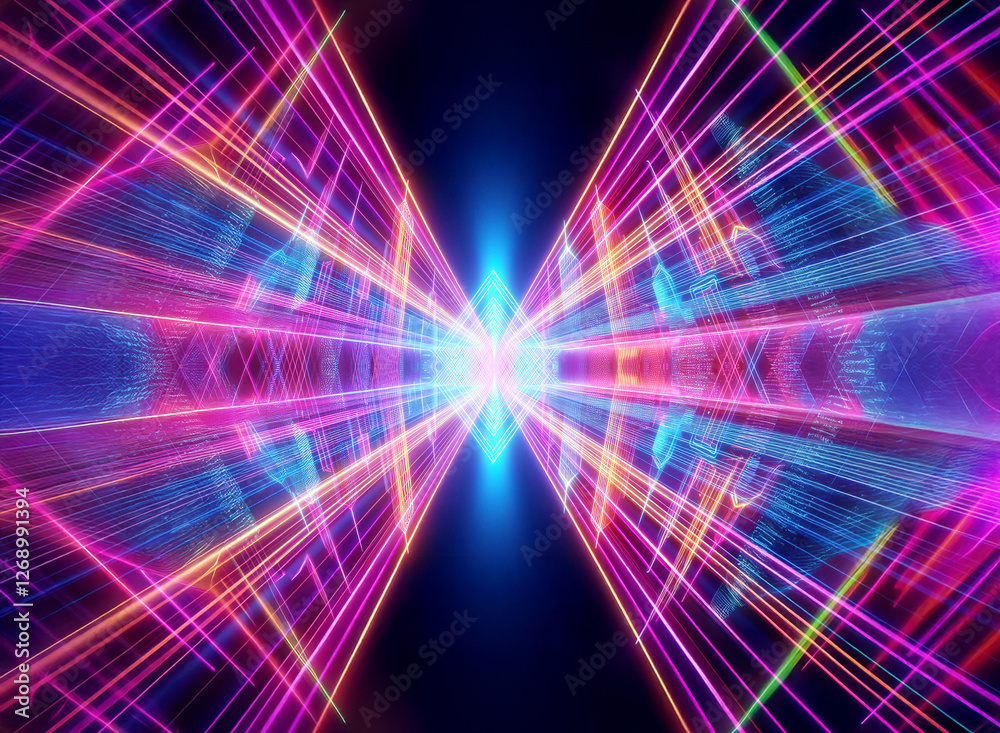 Poster Vibrant neon lines converge to a bright center point, creating a futuristic abstract design. Dynamic perspective with pink, blue, and orange hues radiating outwards.