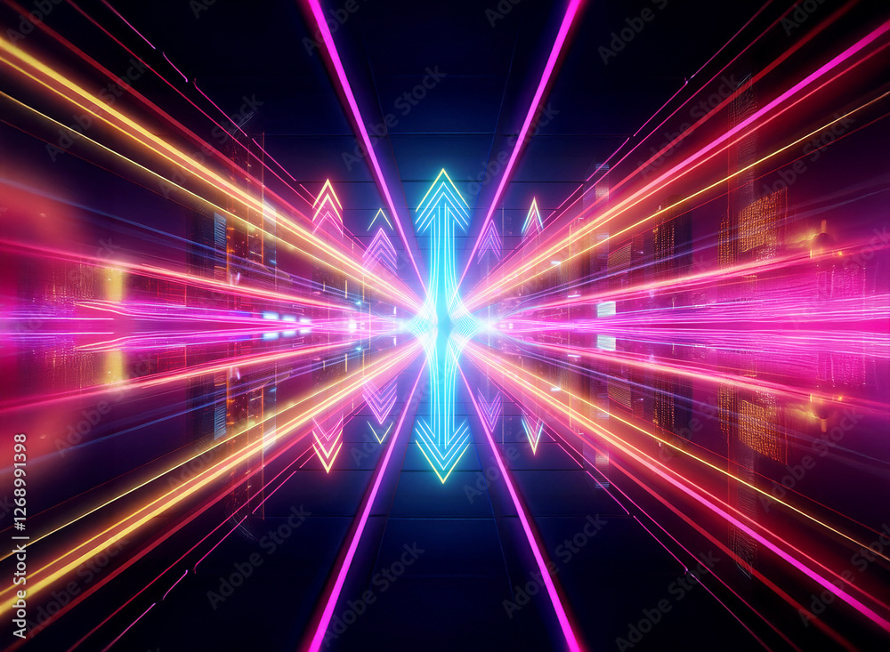 Aufkleber abstract perspective with vibrant neon lights and arrows pointing towards the center. pink, yellow, 