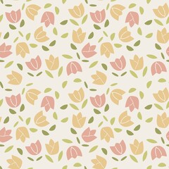 Seamless Pattern Floral Tulip Garden Scattered Illustration. Pastel Spring Flower Wildflower Repeat Pattern. Soft Pastel Tulip Background Wallpaper.