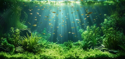 Obraz premium Vibrant Underwater Scene Lush Aquarium with Numerous Fish and Aquatic Plants