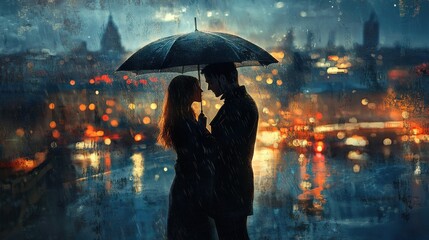 Romantic couple silhouetted under umbrella in rainy city night
