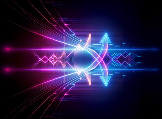 Fototapeta premium Neon abstract art with pink and blue arrows converging in the center against a black backdrop. Futuristic and glowing design with curved lines.