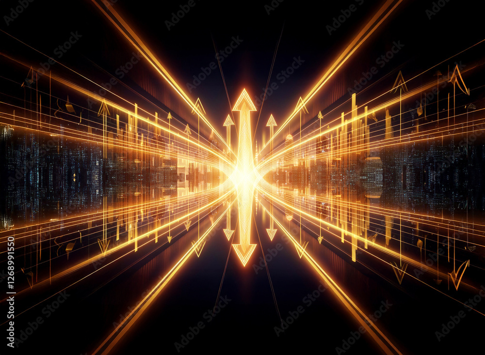 Fototapete Golden arrows point up and down amidst bright light rays in perspective view, creating an abstract and futuristic design.