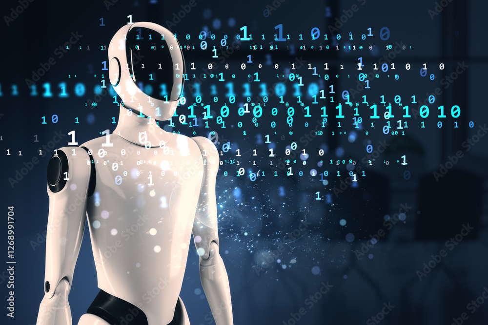 Fototapete Futuristic humanoid robot with digital binary code in a technology-driven environment. 3D Rendering