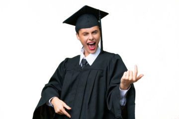 Young university graduate  caucasian woman over isolated background making guitar gesture