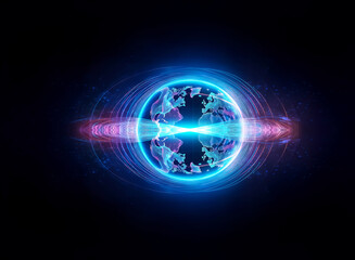 Electric blue sphere encircled by swirling purple energy rings, emitting a bright glow in the dark cosmic space. Mysterious energy.