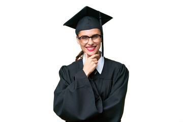 Young university graduate  caucasian woman over isolated background with glasses and smiling
