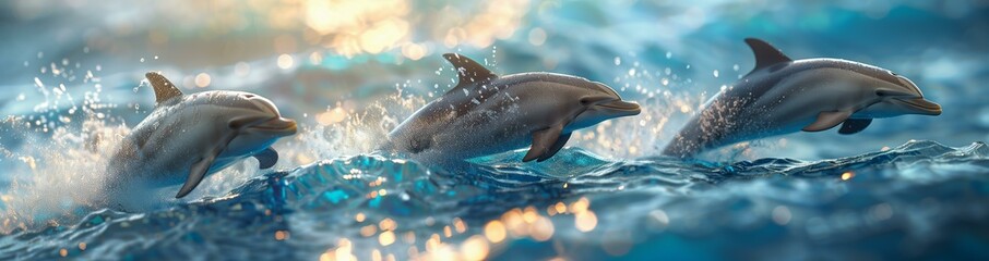 Fototapeta premium Three Dolphins Leap Gracefully Through Sparkling Ocean Waves