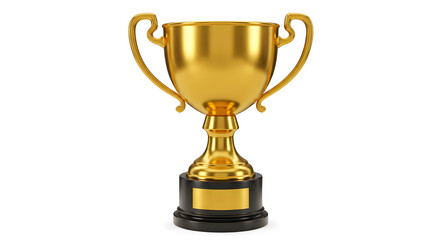 A golden trophy with handles, set on a black base with a blank nameplate, symbolizing victory, achievement, and success in competitions, sports, or academic accomplishments. Elegant and shiny design