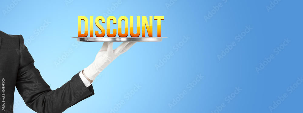 Poster discount concept with gloved hand holding tray displaying bold text.