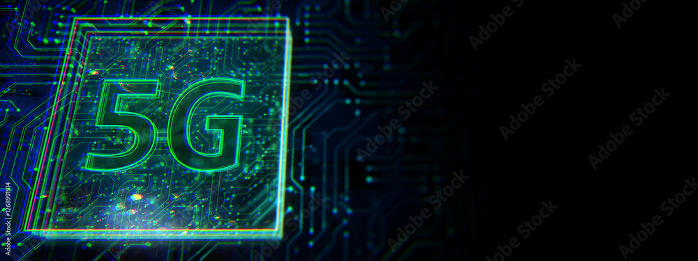 Poster Futuristic 5G digital symbol with neon green holographic effect on circuit board background. 3D Rendering