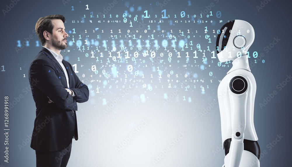 Poster Businessman and humanoid robot facing each other with binary code floating between them.
