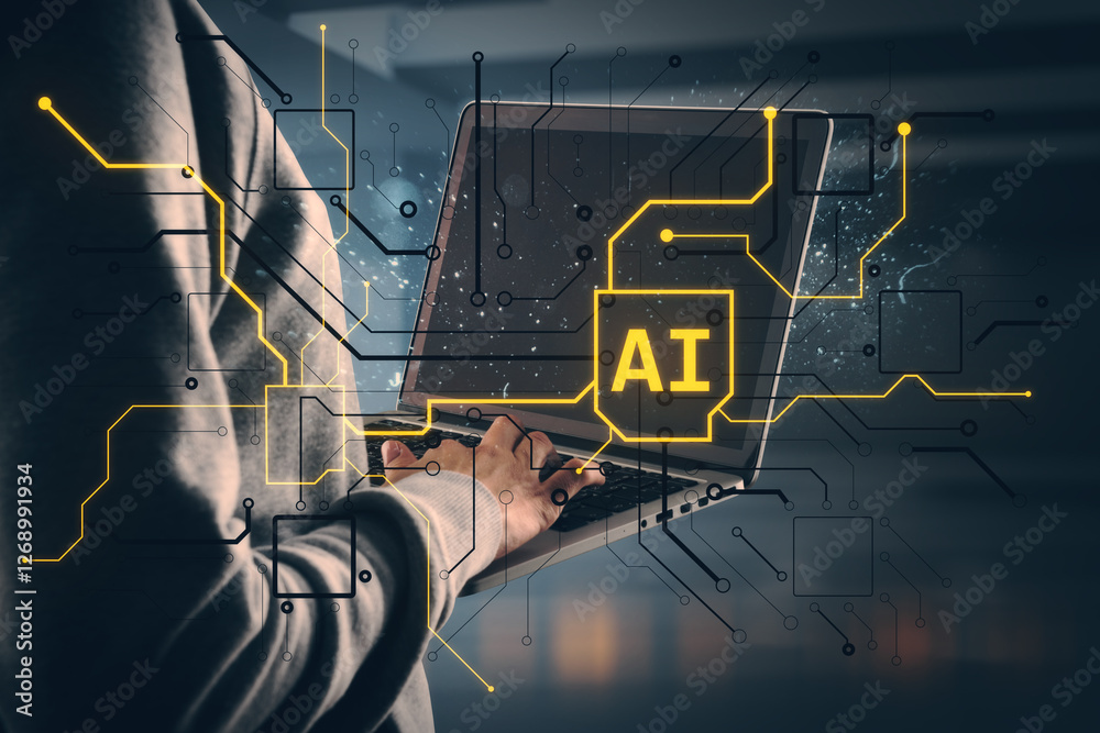 Poster Person using laptop with AI circuit overlay in futuristic digital background.