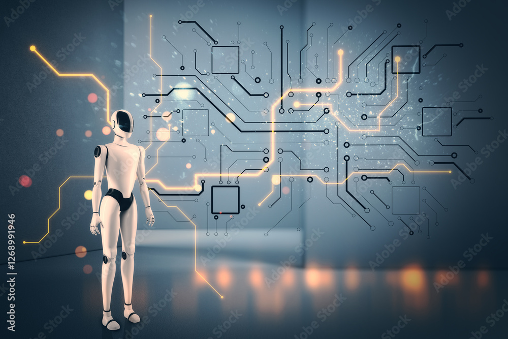 Poster Futuristic humanoid robot standing near illuminated circuit board interface in a high-tech environment. 3D Rendering