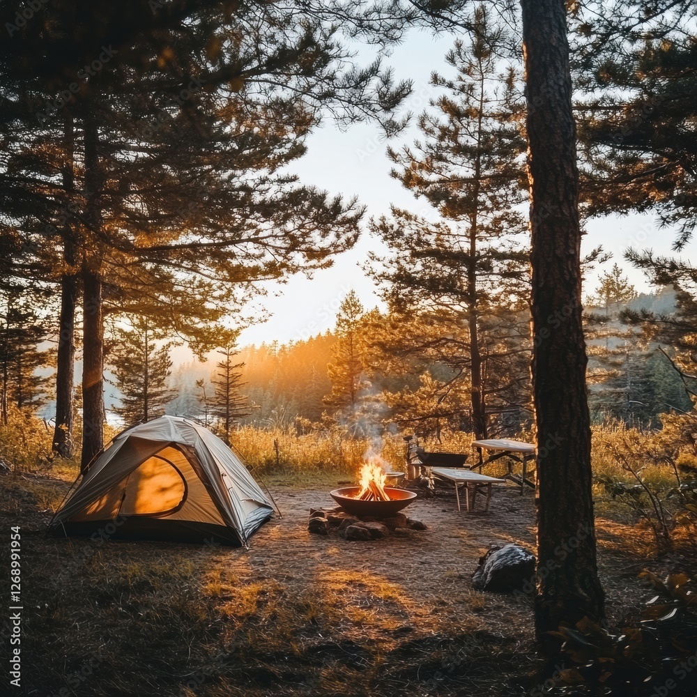 Aufkleber relaxing evening at a campsite with a warm fire surrounded by trees and sunset views. generative ai