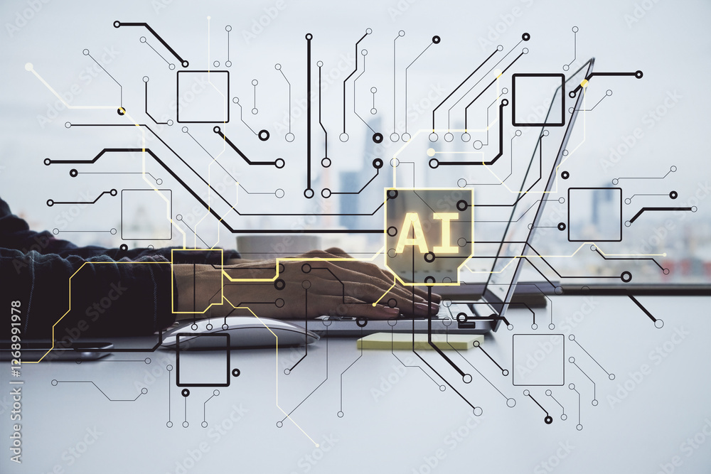 Poster ai technology concept with digital circuit overlay on office workspace.