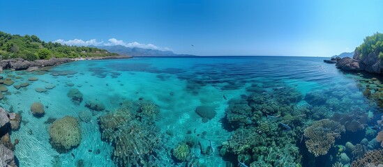 Obraz premium Stunning panoramic view of a pristine turquoise ocean cove with vibrant coral reefs and lush green vegetation