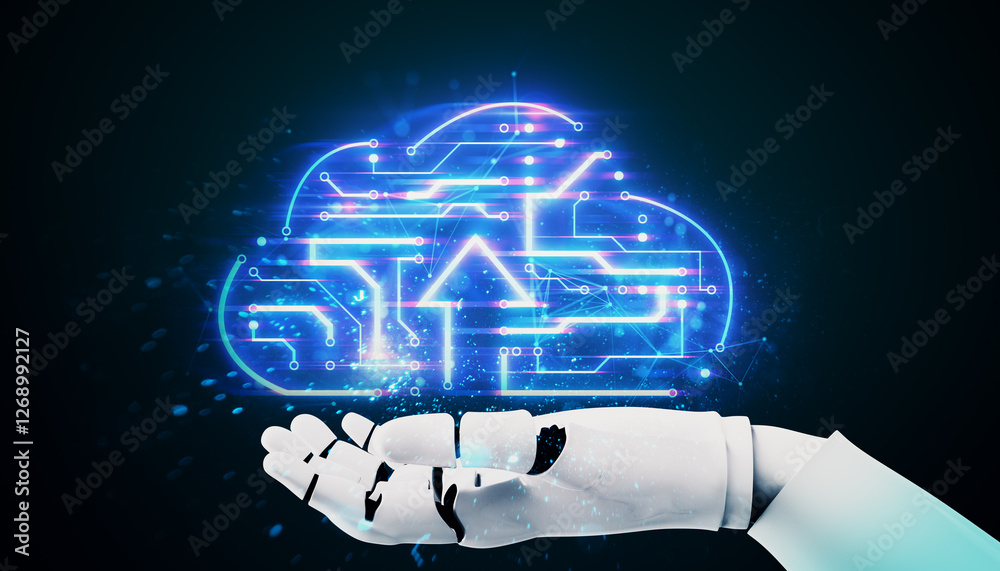 Aufkleber Futuristic robotic hand holding a glowing cloud computing symbol with a digital circuit design. 3D Rendering