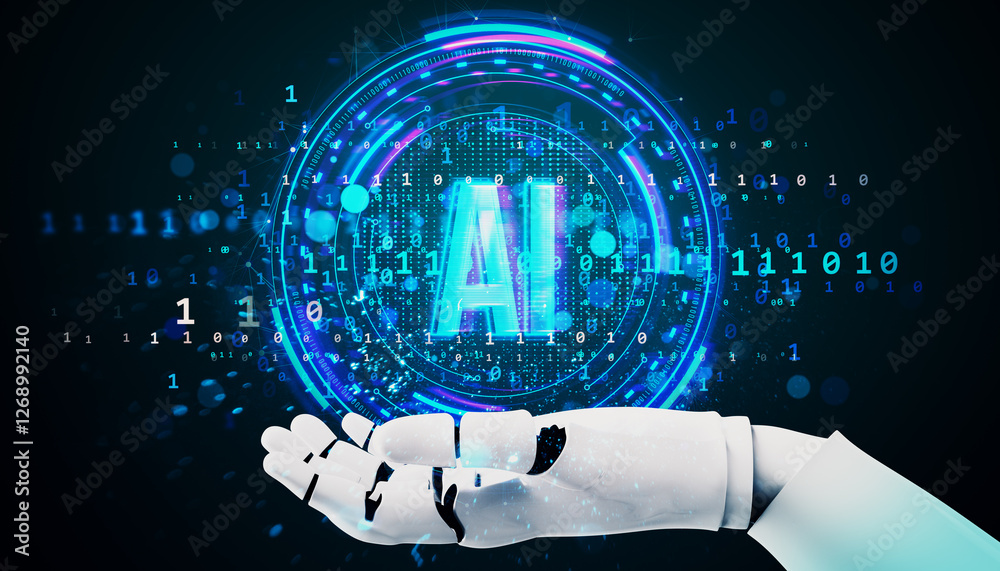 Fototapete Futuristic robotic hand presenting AI digital interface with binary code. 3D Rendering