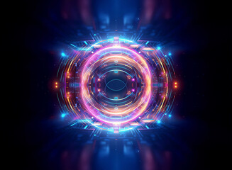Obraz premium Abstract glowing symmetrical object with circular and geometric shapes. Bright neon lights illuminate the darkness, creating a futuristic and digital effect. The design appears energetic and vibrant.