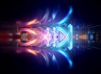 Obraz premium Futuristic abstract design with vibrant blue, pink, and orange hues. Flowing lines and arrows suggest digital energy and technological motion in a dynamic style.