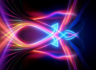 Obraz premium Abstract light art featuring vibrant, symmetrical trails of pink, blue, yellow, and red hues against a dark backdrop, creating a dynamic and futuristic feel.