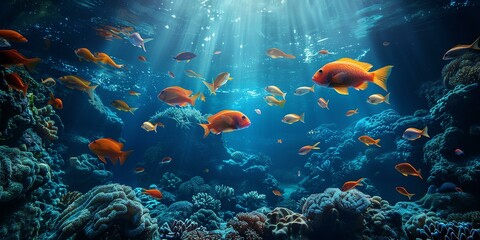 Fototapeta premium Vibrant Coral Reef Ecosystem with Diverse Fish Species Swimming in Sunlight