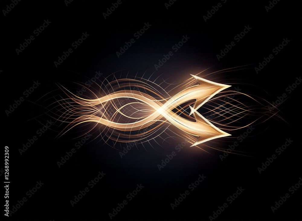 Poster Golden arrows of light converge centrally, glowing with dynamic flowing lines on a dark backdrop, creating an elegant abstract design.
