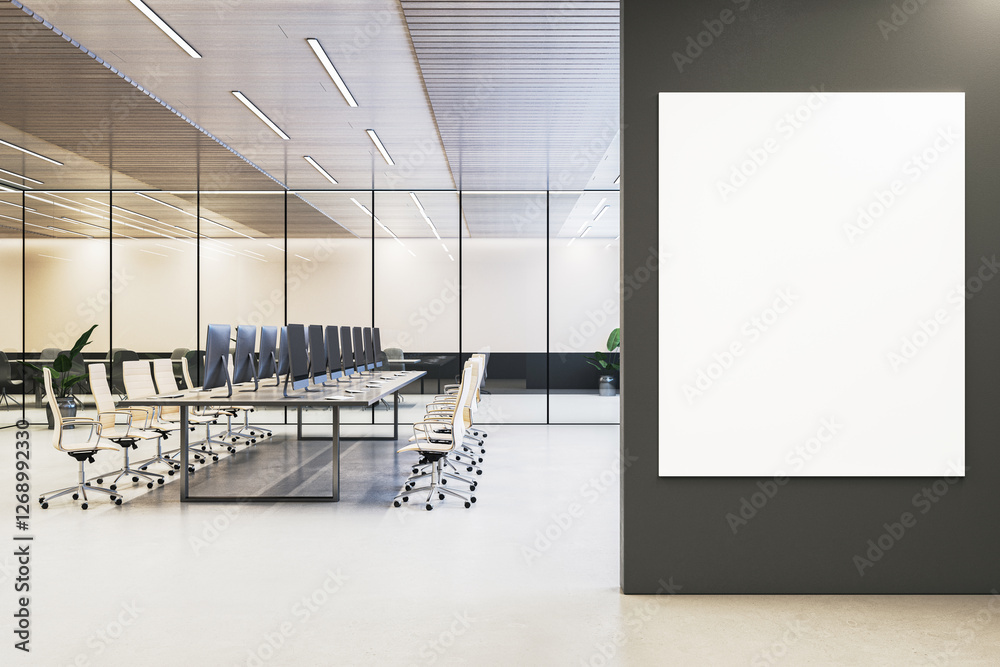 Aufkleber modern office interior with empty white mockup board on dark wall. glass-walled conference room with