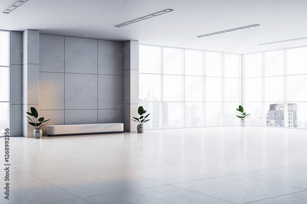 Poster modern spacious office lobby with large windows and city view. 3d rendering