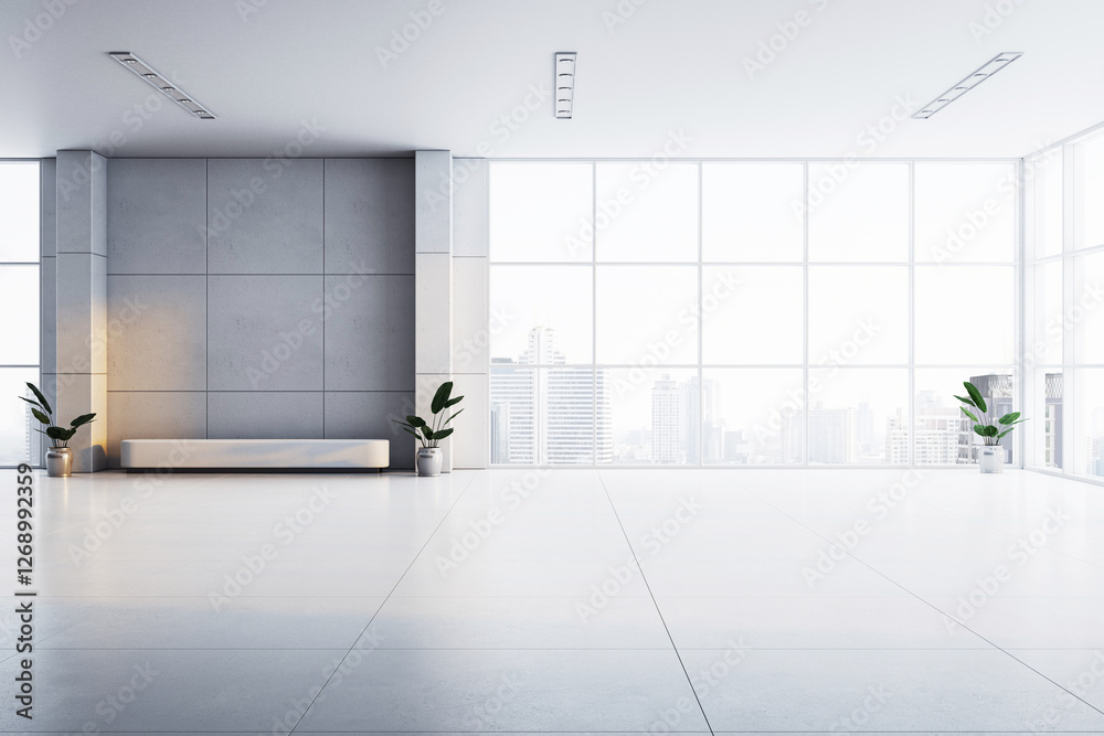 Poster modern spacious office lobby with panoramic city skyline view. 3d rendering