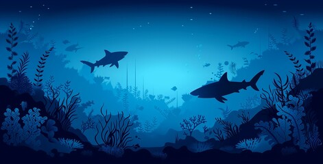 Fototapeta premium Serene Underwater Scene with Sharks and Lush Coral Reef